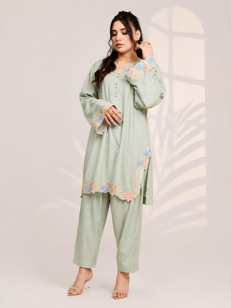 Eman Sage Blossom – Embroidered Linen 2-Piece Suit